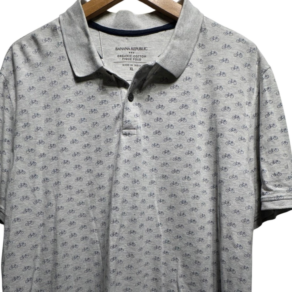 Banana Republic Organic Cotton Pique Polo Mens XL Gray Blue Bicycle‎ Print Shirt